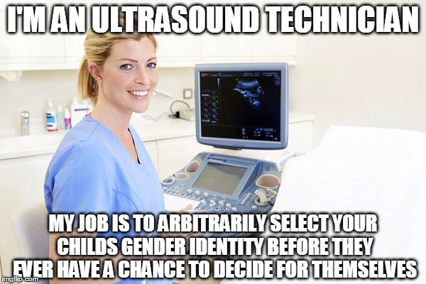 I'M AN ULTRASOUND TECHNICIAN; MY JOB IS TO ARBITRARILY SELECT YOUR CHILDS GENDER IDENTITY BEFORE THEY EVER HAVE A CHANCE TO DECIDE FOR THEMSELVES | image tagged in politics,women's rights,equality,gender equality,feminism | made w/ Imgflip meme maker