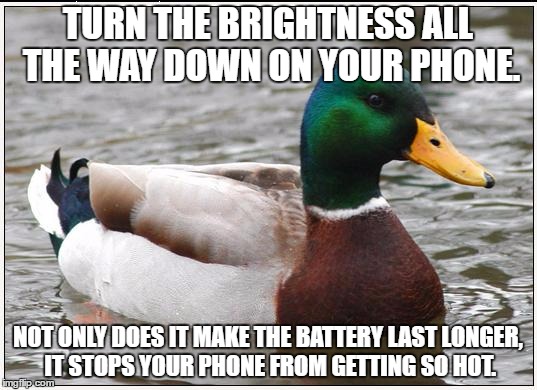 Actual Advice Mallard Meme | TURN THE BRIGHTNESS ALL THE WAY DOWN ON YOUR PHONE. NOT ONLY DOES IT MAKE THE BATTERY LAST LONGER, IT STOPS YOUR PHONE FROM GETTING SO HOT. | image tagged in memes,actual advice mallard | made w/ Imgflip meme maker