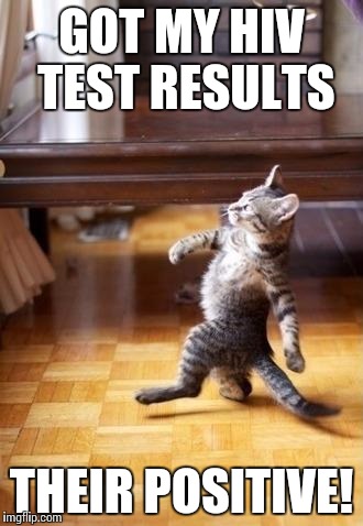 Cool Cat Stroll Meme | GOT MY HIV TEST RESULTS; THEIR POSITIVE! | image tagged in memes,cool cat stroll | made w/ Imgflip meme maker