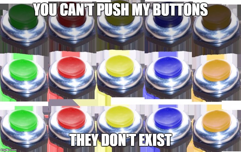YOU CAN'T PUSH MY BUTTONS; THEY DON'T EXIST | image tagged in buttons | made w/ Imgflip meme maker