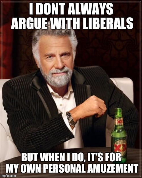 The Most Interesting Man In The World Meme | I DONT ALWAYS ARGUE WITH LIBERALS BUT WHEN I DO, IT'S FOR MY OWN PERSONAL AMUZEMENT | image tagged in memes,the most interesting man in the world | made w/ Imgflip meme maker