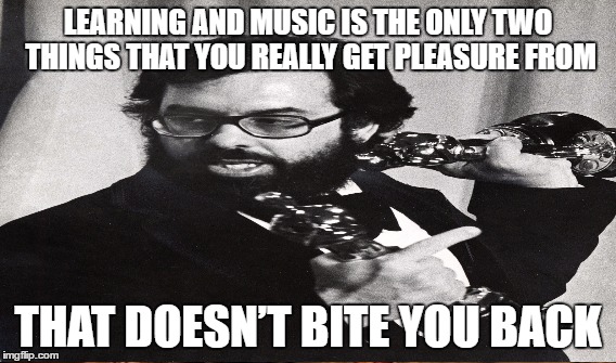 LEARNING AND MUSIC IS THE ONLY TWO THINGS THAT YOU REALLY GET PLEASURE FROM; THAT DOESN’T BITE YOU BACK | image tagged in learning,creative,life,joy,music | made w/ Imgflip meme maker