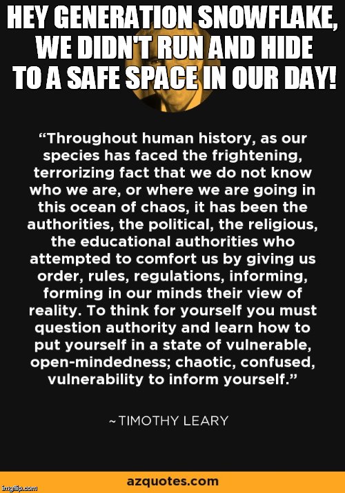 HEY GENERATION SNOWFLAKE, WE DIDN'T RUN AND HIDE TO A SAFE SPACE IN OUR DAY! | image tagged in think for yourself | made w/ Imgflip meme maker