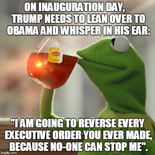 But That's None Of My Business Meme | ON INAUGURATION DAY,    TRUMP NEEDS TO LEAN OVER TO OBAMA AND WHISPER IN HIS EAR:; "I AM GOING TO REVERSE EVERY EXECUTIVE ORDER YOU EVER MADE, BECAUSE NO-ONE CAN STOP ME". | image tagged in memes,but thats none of my business,kermit the frog,The_Donald | made w/ Imgflip meme maker