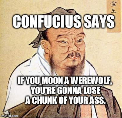 IF YOU MOON A WEREWOLF, YOU'RE GONNA LOSE A CHUNK OF YOUR ASS. CONFUCIUS SAYS | made w/ Imgflip meme maker