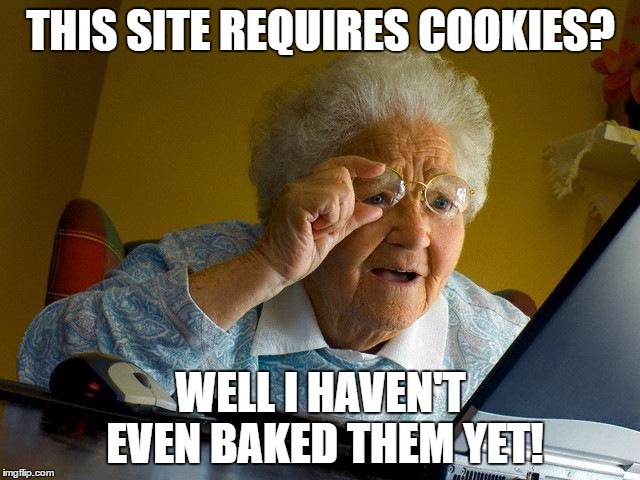 Its baking time! | THIS SITE REQUIRES COOKIES? WELL I HAVEN'T EVEN BAKED THEM YET! | image tagged in memes,grandma finds the internet | made w/ Imgflip meme maker