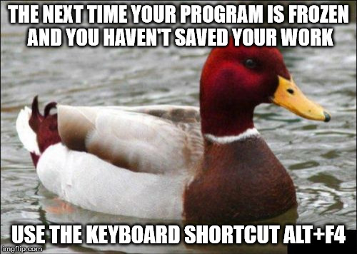Frozen computer program? | THE NEXT TIME YOUR PROGRAM IS FROZEN AND YOU HAVEN'T SAVED YOUR WORK; USE THE KEYBOARD SHORTCUT ALT+F4 | image tagged in memes,malicious advice mallard,don't try this at home | made w/ Imgflip meme maker