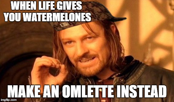 One Does Not Simply Meme | WHEN LIFE GIVES YOU WATERMELONES; MAKE AN OMLETTE INSTEAD | image tagged in memes,one does not simply,scumbag,watermelone,when lif gives you lemons,omlette | made w/ Imgflip meme maker