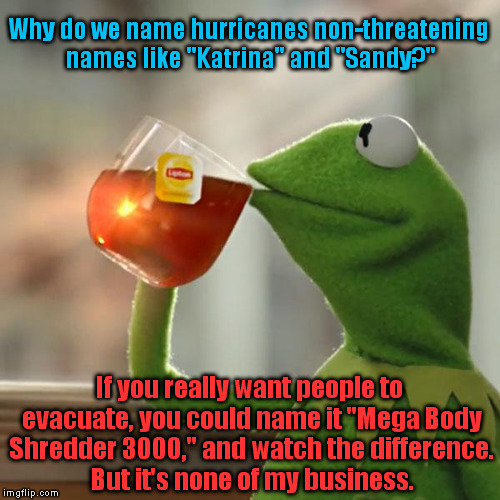We're Pretty Close To Hurricane Season... | Why do we name hurricanes non-threatening names like "Katrina" and "Sandy?"; If you really want people to evacuate, you could name it "Mega Body Shredder 3000," and watch the difference. But it's none of my business. | image tagged in memes,but thats none of my business,kermit the frog | made w/ Imgflip meme maker