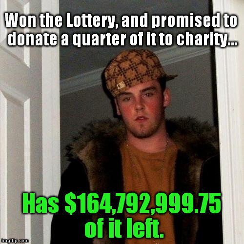 I'm Bringing Scummy Baaack...YEAH! Them Other Memers Don't Know How To Act...YEAH! | Won the Lottery, and promised to donate a quarter of it to charity... Has $164,792,999.75 of it left. | image tagged in memes,scumbag steve | made w/ Imgflip meme maker