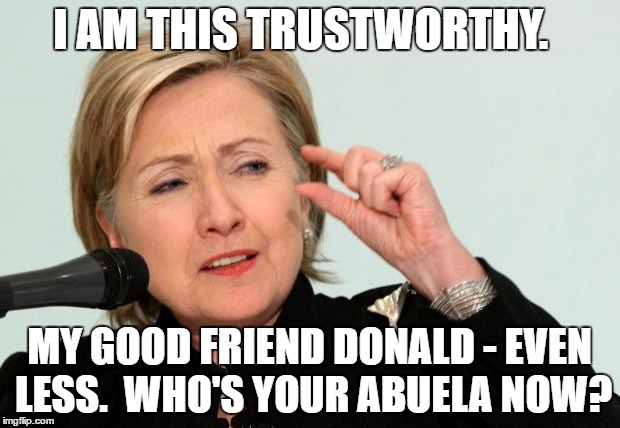 Hillary Clinton Fingers | I AM THIS TRUSTWORTHY. MY GOOD FRIEND DONALD - EVEN LESS. 
WHO'S YOUR ABUELA NOW? | image tagged in hillary clinton fingers | made w/ Imgflip meme maker