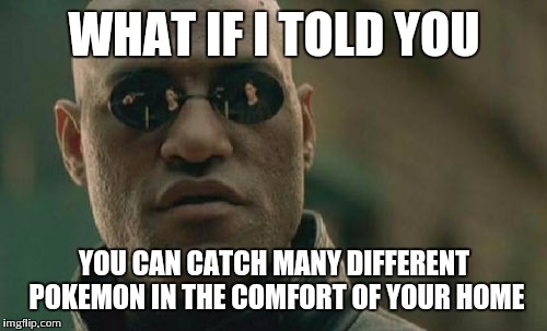 Matrix Morpheus Meme | WHAT IF I TOLD YOU YOU CAN CATCH MANY DIFFERENT POKEMON IN THE COMFORT OF YOUR HOME | image tagged in memes,matrix morpheus | made w/ Imgflip meme maker