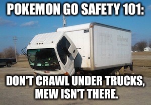 Pokemon GO Safety 101 | POKEMON GO SAFETY 101:; DON'T CRAWL UNDER TRUCKS, MEW ISN'T THERE. | image tagged in memes,pokemon,pokemon go,truck,mew,safety | made w/ Imgflip meme maker