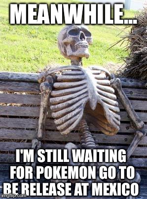 Waiting Skeleton | MEANWHILE... I'M STILL WAITING FOR POKEMON GO TO BE RELEASE AT MEXICO | image tagged in memes,waiting skeleton | made w/ Imgflip meme maker