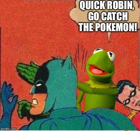Kermit saving Robin | QUICK ROBIN, GO CATCH THE POKEMON! | image tagged in kermit saving robin | made w/ Imgflip meme maker