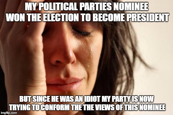 First World Problems Meme | MY POLITICAL PARTIES NOMINEE WON THE ELECTION TO BECOME PRESIDENT BUT SINCE HE WAS AN IDIOT MY PARTY IS NOW TRYING TO CONFORM THE THE VIEWS  | image tagged in memes,first world problems | made w/ Imgflip meme maker