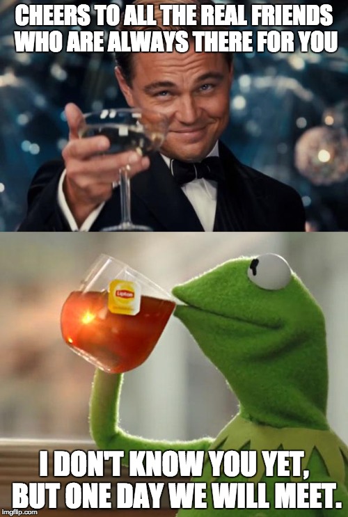 I need to make more friends... | CHEERS TO ALL THE REAL FRIENDS WHO ARE ALWAYS THERE FOR YOU; I DON'T KNOW YOU YET, BUT ONE DAY WE WILL MEET. | image tagged in leonardo dicaprio cheers,friends,loner,drink,lol,meme | made w/ Imgflip meme maker