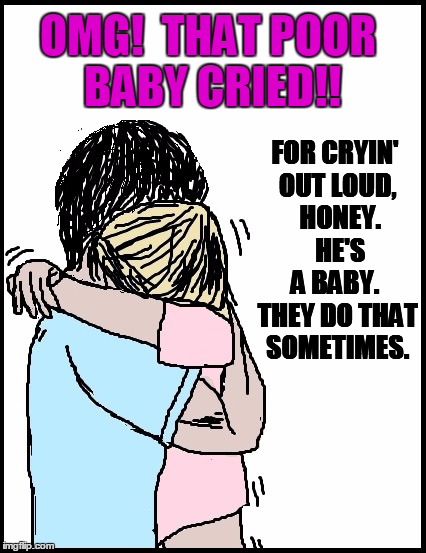 OMG!  THAT POOR BABY CRIED!! FOR CRYIN' OUT LOUD,  HONEY.  HE'S A BABY.  THEY DO THAT SOMETIMES. | image tagged in hold me | made w/ Imgflip meme maker