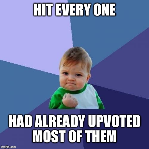 Success Kid Meme | HIT EVERY ONE HAD ALREADY UPVOTED MOST OF THEM | image tagged in memes,success kid | made w/ Imgflip meme maker