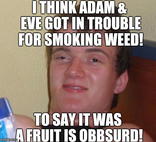Sugarcoated! | I THINK ADAM & EVE GOT IN TROUBLE FOR SMOKING WEED! TO SAY IT WAS A FRUIT IS OBBSURD! | image tagged in memes,10 guy | made w/ Imgflip meme maker