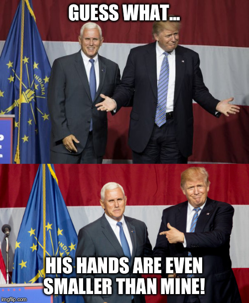 Tiny hands | GUESS WHAT... HIS HANDS ARE EVEN SMALLER THAN MINE! | image tagged in trump,pence | made w/ Imgflip meme maker