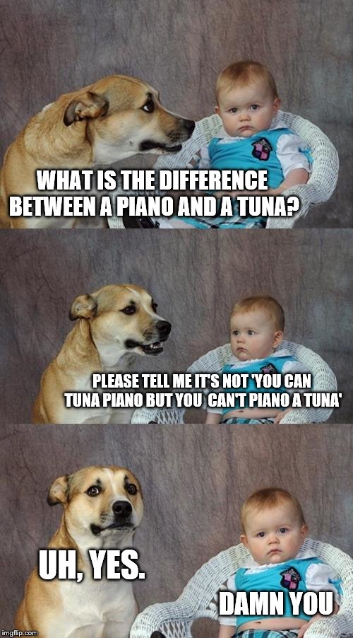 Dad Joke Dog Meme | WHAT IS THE DIFFERENCE BETWEEN A PIANO AND A TUNA? PLEASE TELL ME IT'S NOT 'YOU CAN TUNA PIANO BUT YOU  CAN'T PIANO A TUNA'; UH, YES. DAMN YOU | image tagged in memes,dad joke dog | made w/ Imgflip meme maker