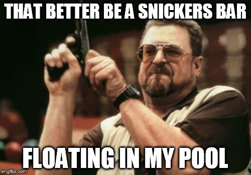 Am I The Only One Around Here Meme | THAT BETTER BE A SNICKERS BAR FLOATING IN MY POOL | image tagged in memes,am i the only one around here | made w/ Imgflip meme maker