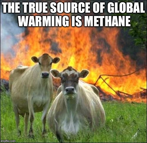 Evil Cows | THE TRUE SOURCE OF GLOBAL WARMING IS METHANE | image tagged in memes,evil cows | made w/ Imgflip meme maker