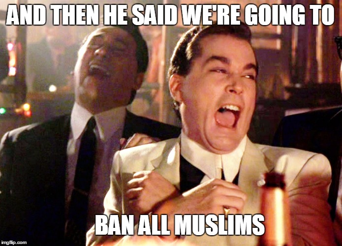 Good Fellas Hilarious | AND THEN HE SAID WE'RE GOING TO; BAN ALL MUSLIMS | image tagged in memes,good fellas hilarious,muslims,elections | made w/ Imgflip meme maker