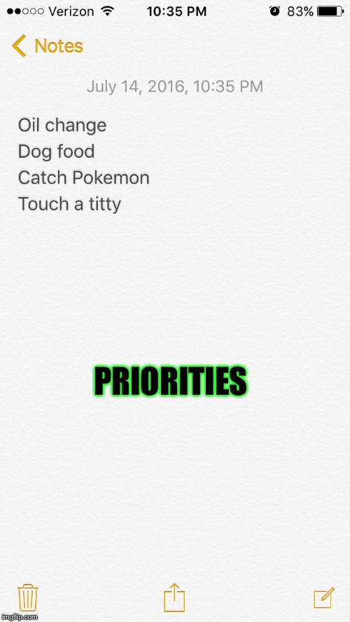 PRIORITIES | image tagged in pokemon go,notes,priorities,shrugs | made w/ Imgflip meme maker