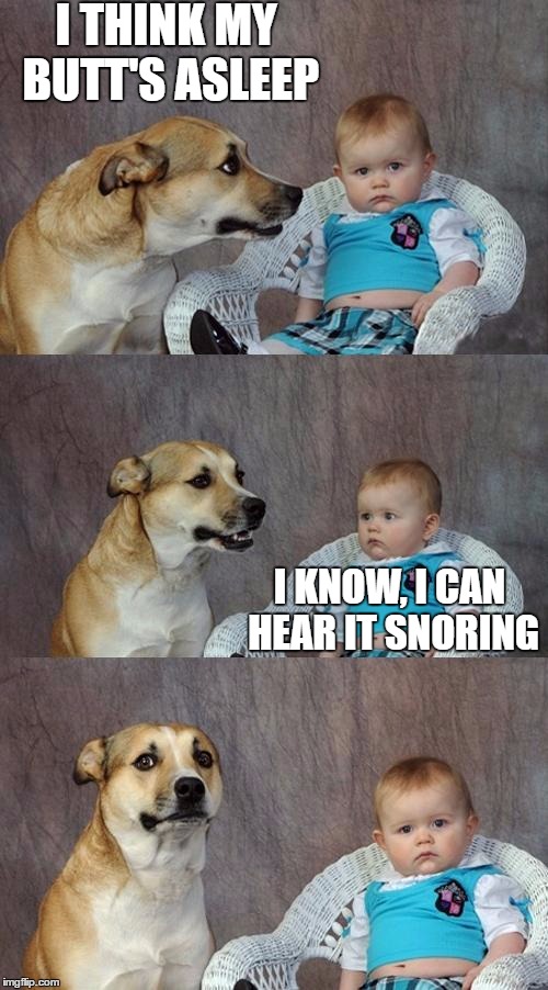 Dad Joke Dog Meme | I THINK MY BUTT'S ASLEEP; I KNOW, I CAN HEAR IT SNORING | image tagged in memes,dad joke dog | made w/ Imgflip meme maker
