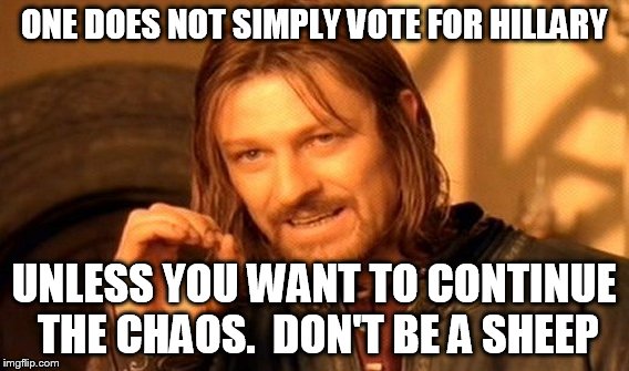 One Does Not Simply Meme | ONE DOES NOT SIMPLY VOTE FOR HILLARY UNLESS YOU WANT TO CONTINUE THE CHAOS.  DON'T BE A SHEEP | image tagged in memes,one does not simply | made w/ Imgflip meme maker