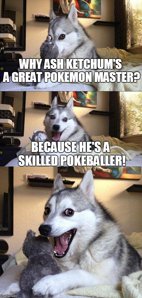 Bad Pun Dog | WHY ASH KETCHUM'S A GREAT POKEMON MASTER? BECAUSE HE'S A SKILLED POKEBALLER! | image tagged in memes,bad pun dog | made w/ Imgflip meme maker