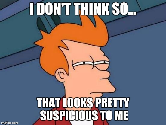 Futurama Fry Meme | I DON'T THINK SO... THAT LOOKS PRETTY SUSPICIOUS TO ME | image tagged in memes,futurama fry | made w/ Imgflip meme maker