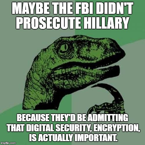 Philosoraptor | MAYBE THE FBI DIDN'T PROSECUTE HILLARY; BECAUSE THEY'D BE ADMITTING THAT DIGITAL SECURITY, ENCRYPTION, IS ACTUALLY IMPORTANT. | image tagged in memes,philosoraptor,AdviceAnimals | made w/ Imgflip meme maker