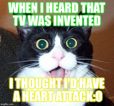 Surprised cat lol | WHEN I HEARD THAT TV WAS INVENTED; I THOUGHT I'D HAVE A HEART ATTACK:0 | image tagged in surprised cat lol | made w/ Imgflip meme maker