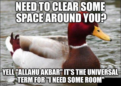 Malicious Advice Mallard Meme | NEED TO CLEAR SOME SPACE AROUND YOU? YELL "ALLAHU AKBAR" IT'S THE UNIVERSAL TERM FOR "I NEED SOME ROOM" | image tagged in memes,malicious advice mallard | made w/ Imgflip meme maker