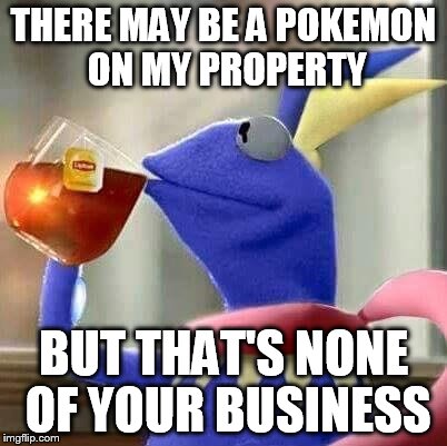 Stay off Kermit's lawn | THERE MAY BE A POKEMON ON MY PROPERTY; BUT THAT'S NONE OF YOUR BUSINESS | image tagged in kermit pokemon,pokemon go,get off my lawn | made w/ Imgflip meme maker