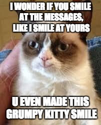 Grumpy Cat Happy | I WONDER IF YOU SMILE AT THE MESSAGES, LIKE I SMILE AT YOURS; U EVEN MADE THIS GRUMPY KITTY SMILE | image tagged in grumpy cat smile | made w/ Imgflip meme maker