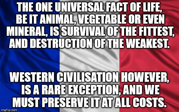 french flag | THE ONE UNIVERSAL FACT OF LIFE, BE IT ANIMAL, VEGETABLE OR EVEN MINERAL, IS SURVIVAL OF THE FITTEST, AND DESTRUCTION OF THE WEAKEST. WESTERN CIVILISATION HOWEVER, IS A RARE EXCEPTION, AND WE MUST PRESERVE IT AT ALL COSTS. | image tagged in french flag | made w/ Imgflip meme maker