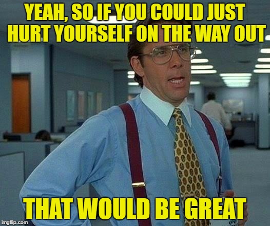 That Would Be Great Meme | YEAH, SO IF YOU COULD JUST HURT YOURSELF ON THE WAY OUT; THAT WOULD BE GREAT | image tagged in memes,that would be great | made w/ Imgflip meme maker