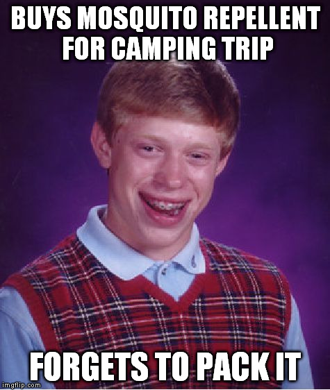 4 weeks after creating this, starting to think it might shoulda been a Minor Mistake Marvin instead... Oh, well... | BUYS MOSQUITO REPELLENT FOR CAMPING TRIP; FORGETS TO PACK IT | image tagged in memes,bad luck brian | made w/ Imgflip meme maker