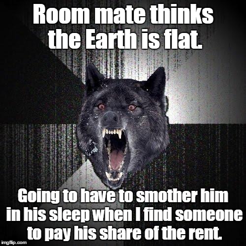 Insanity Wolf Meme | Room mate thinks the Earth is flat. Going to have to smother him in his sleep when I find someone to pay his share of the rent. | image tagged in memes,insanity wolf | made w/ Imgflip meme maker