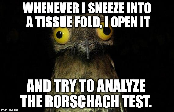 Weird Stuff I Do Potoo Meme | WHENEVER I SNEEZE INTO A TISSUE FOLD, I OPEN IT; AND TRY TO ANALYZE THE RORSCHACH TEST. | image tagged in memes,weird stuff i do potoo | made w/ Imgflip meme maker