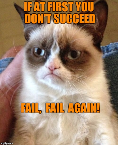 Grumpy Cat Meme | IF AT FIRST YOU DON'T SUCCEED FAIL,  FAIL  AGAIN! | image tagged in memes,grumpy cat | made w/ Imgflip meme maker