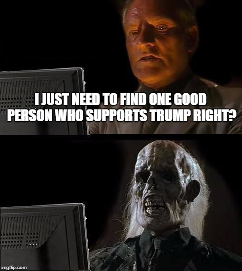 I'll Just Wait Here | I JUST NEED TO FIND ONE GOOD PERSON WHO SUPPORTS TRUMP RIGHT? | image tagged in memes,ill just wait here | made w/ Imgflip meme maker