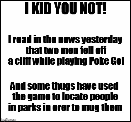 PLEASE be careful,  folks! | I KID YOU NOT! I read in the news yesterday that two men fell off a cliff while playing Poke Go! And some thugs have used the game to locate people in parks in orer to mug them | image tagged in blank | made w/ Imgflip meme maker