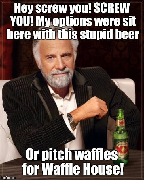 The Most Interesting Man In The World | Hey screw you! SCREW YOU! My options were sit here with this stupid beer; Or pitch waffles for Waffle House! | image tagged in memes,the most interesting man in the world | made w/ Imgflip meme maker