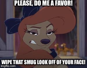 Wipe That Smug Look Off Of Your Face! |  PLEASE, DO ME A FAVOR! WIPE THAT SMUG LOOK OFF OF YOUR FACE! | image tagged in dixie means business,memes,disney,the fox and the hound 2,reba mcentire,dog | made w/ Imgflip meme maker
