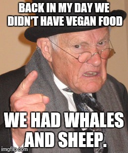 Back In My Day Meme | BACK IN MY DAY WE DIDN'T HAVE VEGAN FOOD; WE HAD WHALES AND SHEEP. | image tagged in memes,back in my day | made w/ Imgflip meme maker